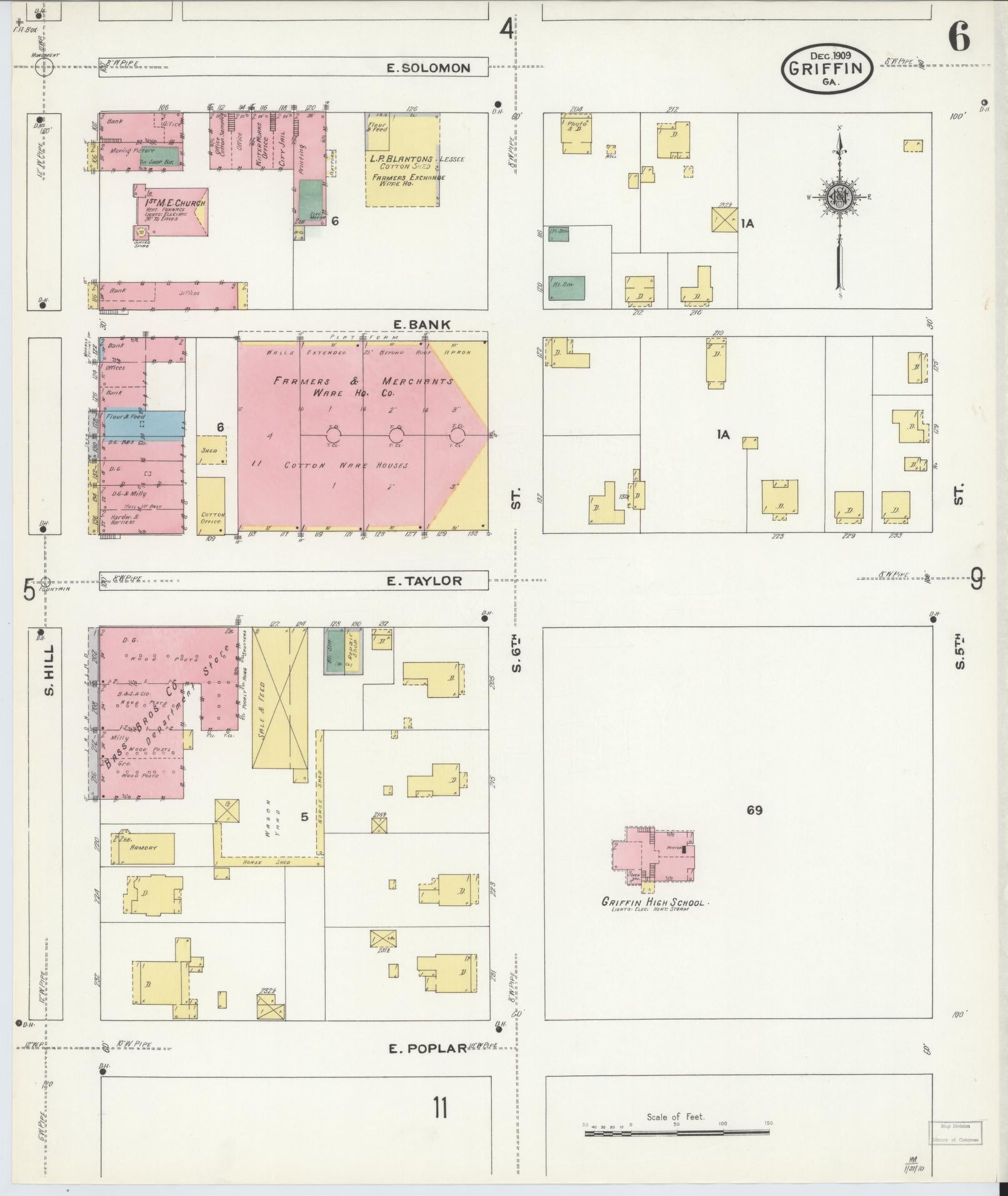 Sanborn Fire Insurance Map from Griffin, Spalding County, Georgia (1909), Sheet #0006 - Historic Sanborn Fire Insurance Map Print, vintage old map wall art, antique decor, genealogy gift, Georgia Georgia map