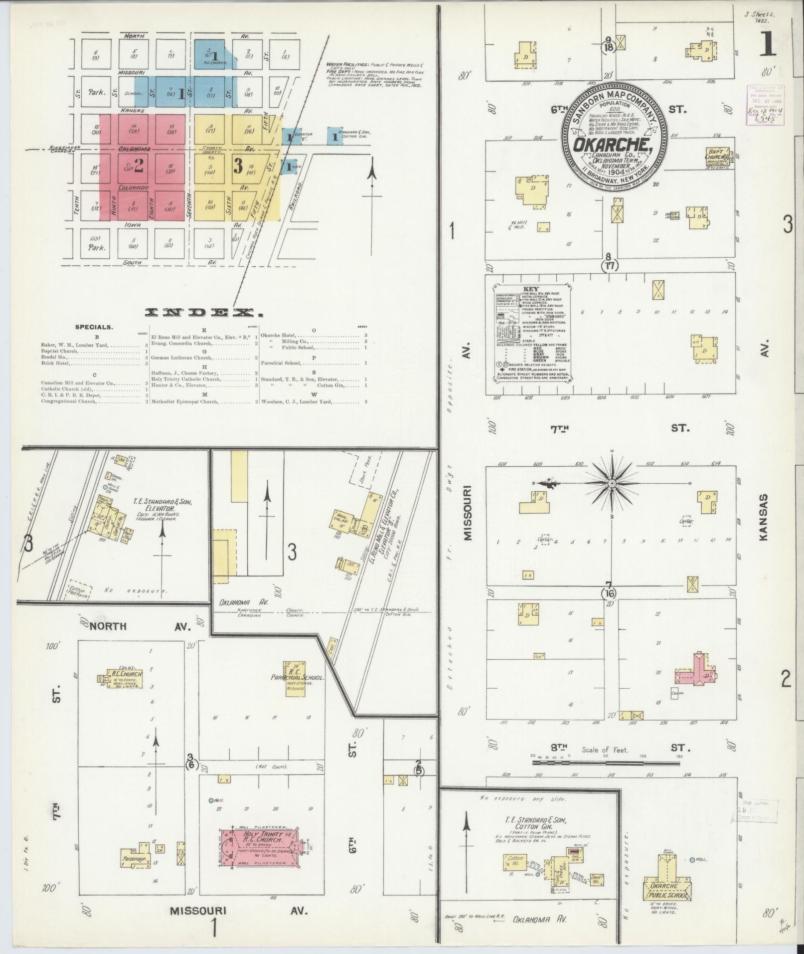 Sanborn Fire Insurance Map from Okarche, Kingfisher and Canadian Counties, Oklahoma (1904), Sheet #0001 - Complete Map Set gallery image, historic Sanborn map, vintage wall art, Oklahoma Oklahoma