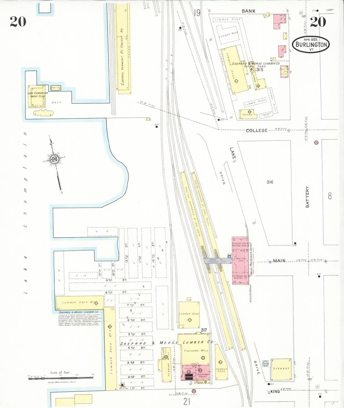Sanborn Fire Insurance Map from Burlington, Chittenden County, Vermont (1926), Sheet #0020 - Complete Map Set gallery image, historic Sanborn map, vintage wall art, Vermont Vermont