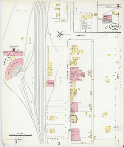 Sanborn Fire Insurance Map from Radford, Independent Cities, Virginia (1908), Sheet #0002 - Complete Map Set gallery image, historic Sanborn map, vintage wall art, Virginia Virginia