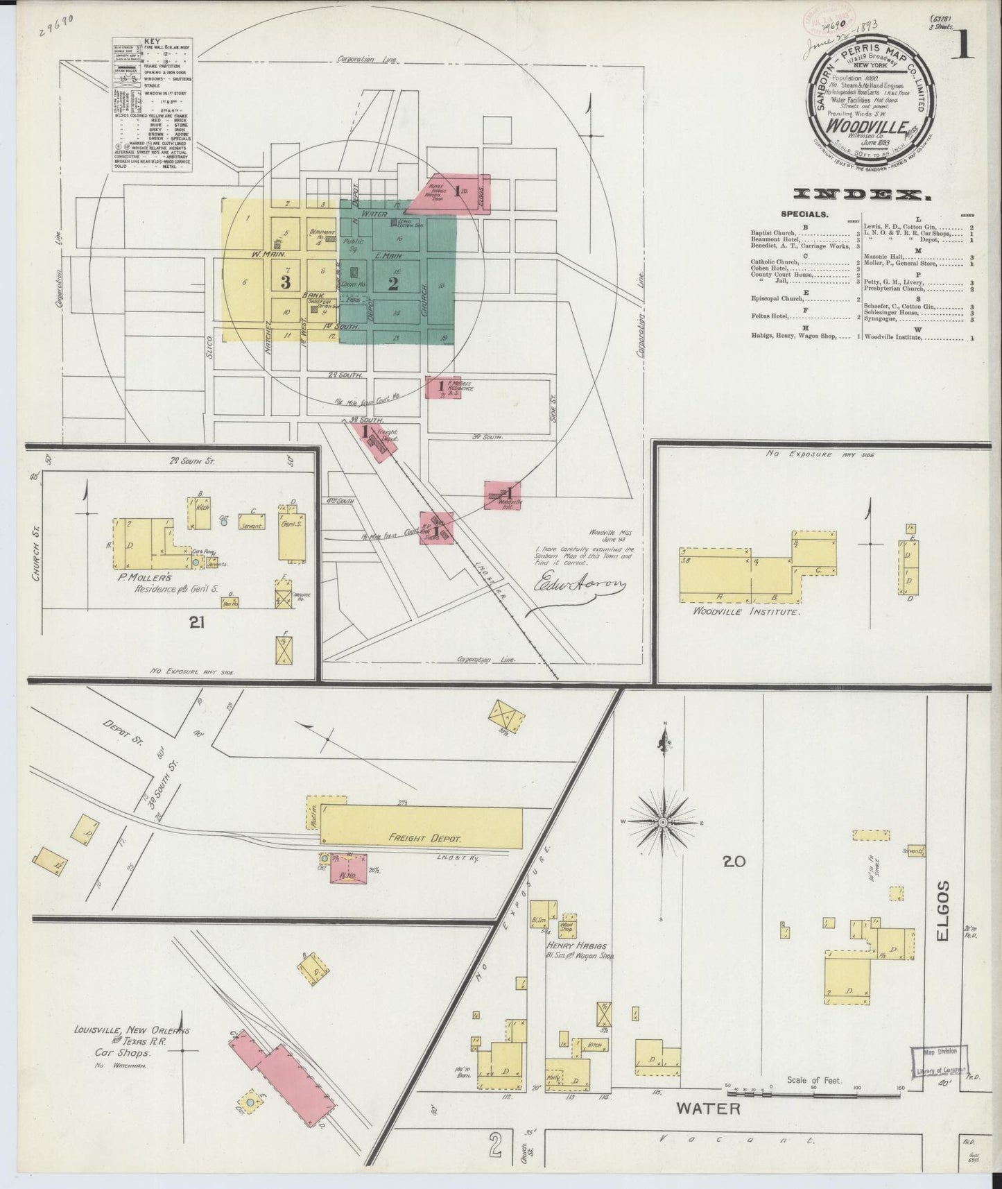 Sanborn Fire Insurance Map from Woodville, Wilkinson County, Mississippi (1893), Sheet #0001 - Complete Map Set gallery image, historic Sanborn map, vintage wall art, Mississippi Mississippi