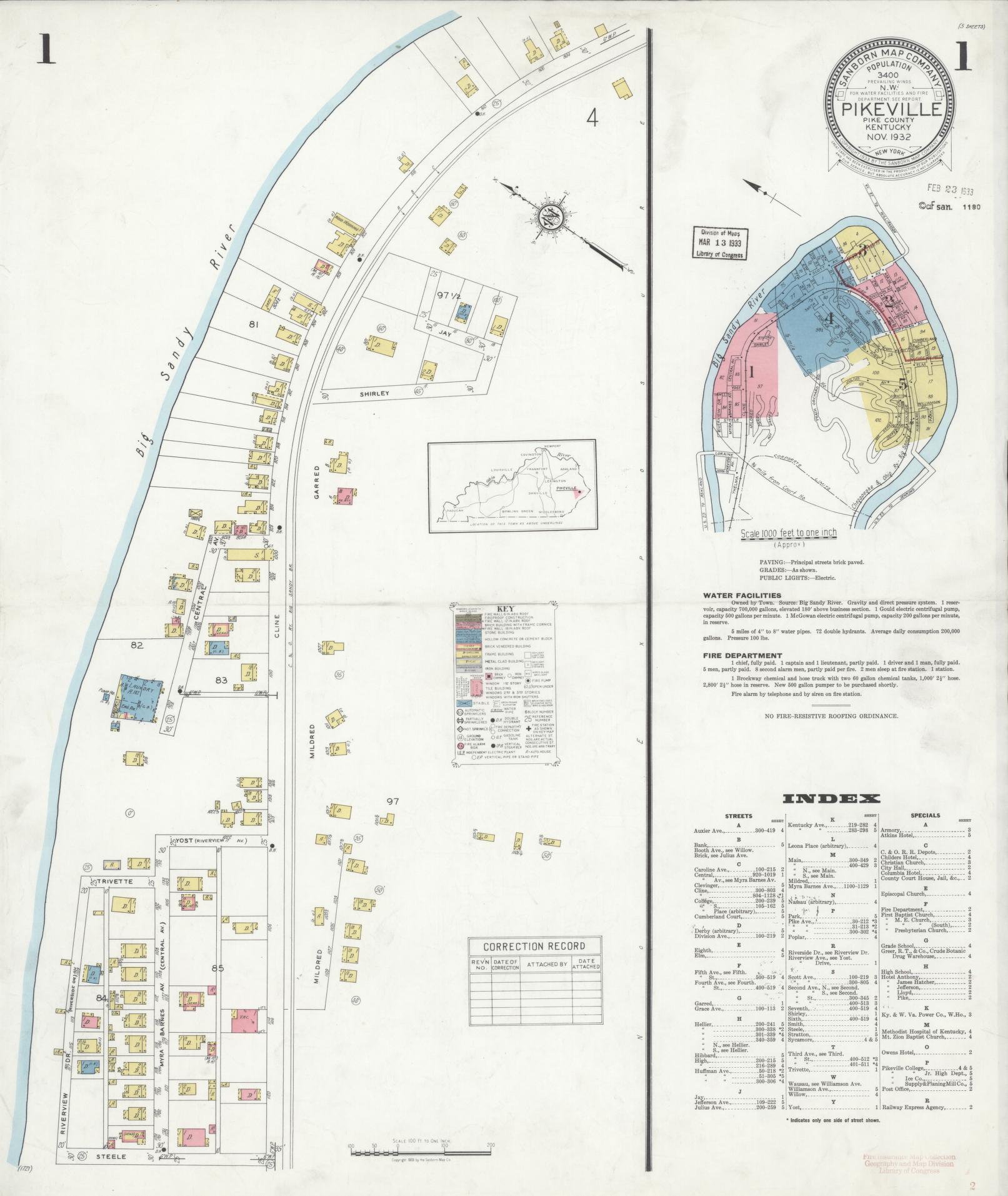 Sanborn Fire Insurance Map from Pikeville, Pike County, Kentucky (1932), Sheet #0001 - Historic Sanborn Fire Insurance Map Print, vintage old map wall art, antique decor, genealogy gift, Kentucky Kentucky map