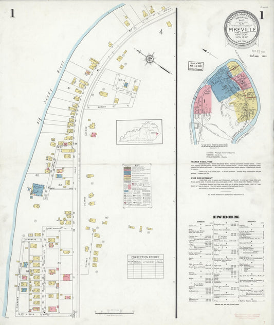 Sanborn Fire Insurance Map from Pikeville, Pike County, Kentucky (1932), Sheet #0001 - Historic Sanborn Fire Insurance Map Print, vintage old map wall art, antique decor, genealogy gift, Kentucky Kentucky map