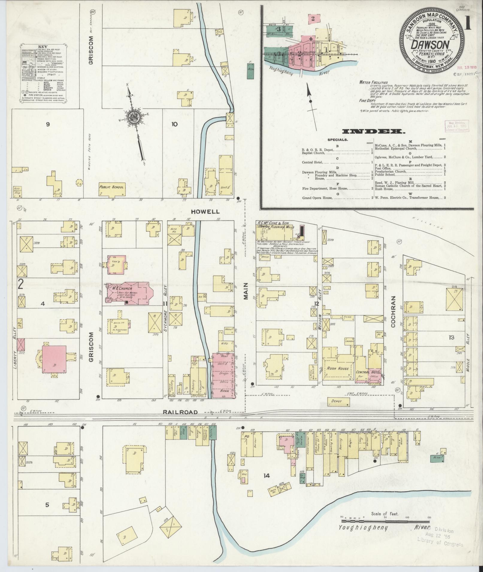 Sanborn Fire Insurance Map from Dawson, Fayette County, Pennsylvania (1910), Sheet #0001 - Historic Sanborn Fire Insurance Map Print, vintage old map wall art, antique decor, genealogy gift, Pennsylvania Pennsylvania map