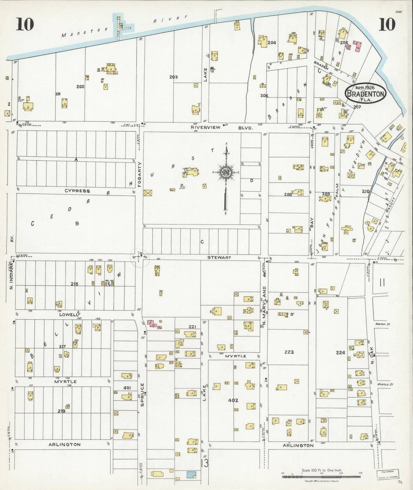 Sanborn Fire Insurance Map from Bradentown, Manatee County, Florida (1926), Sheet #0010 - Complete Map Set gallery image, historic Sanborn map, vintage wall art, Florida Florida