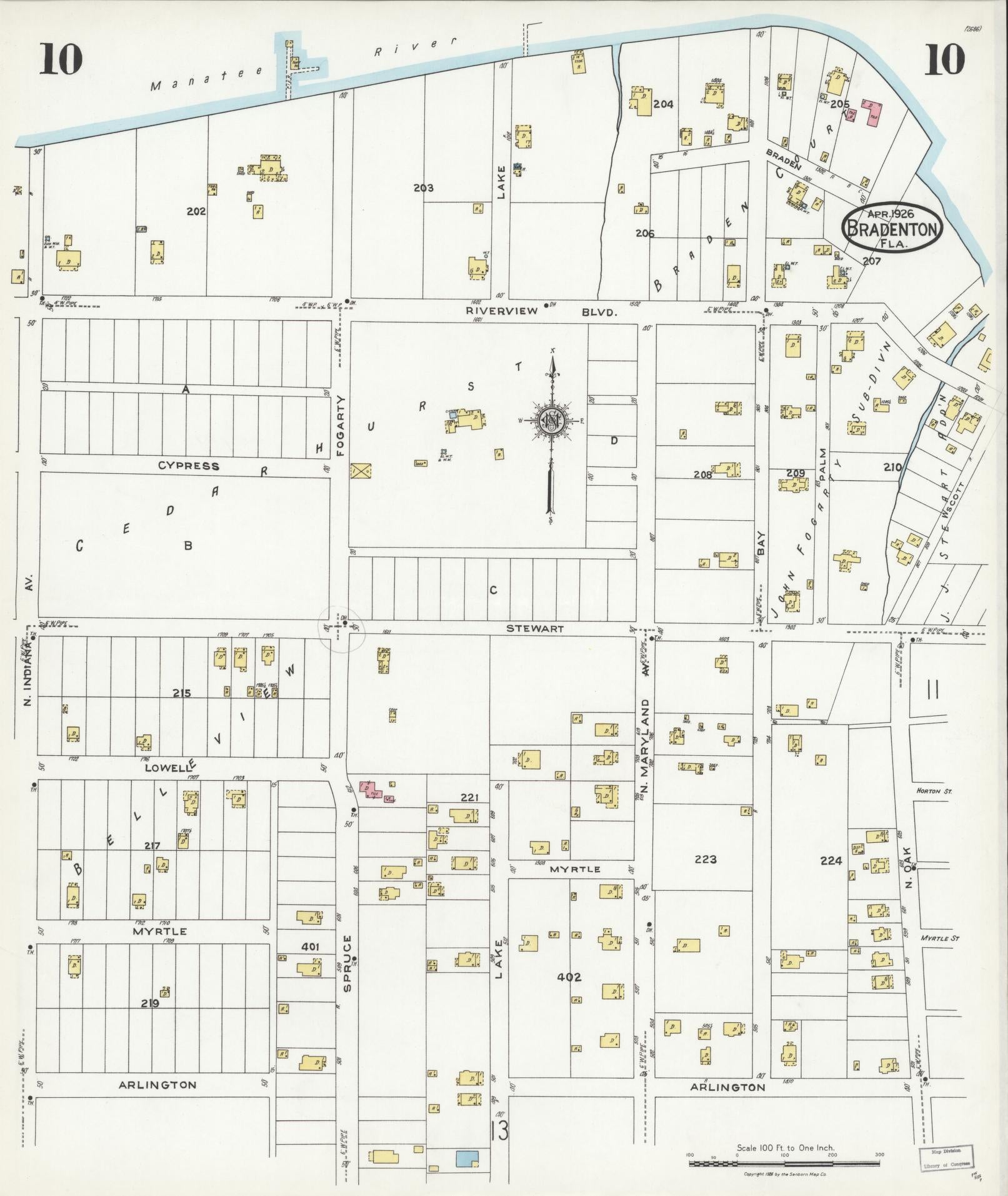 Sanborn Fire Insurance Map from Bradentown, Manatee County, Florida (1926), Sheet #0010 - Complete Map Set gallery image, historic Sanborn map, vintage wall art, Florida Florida