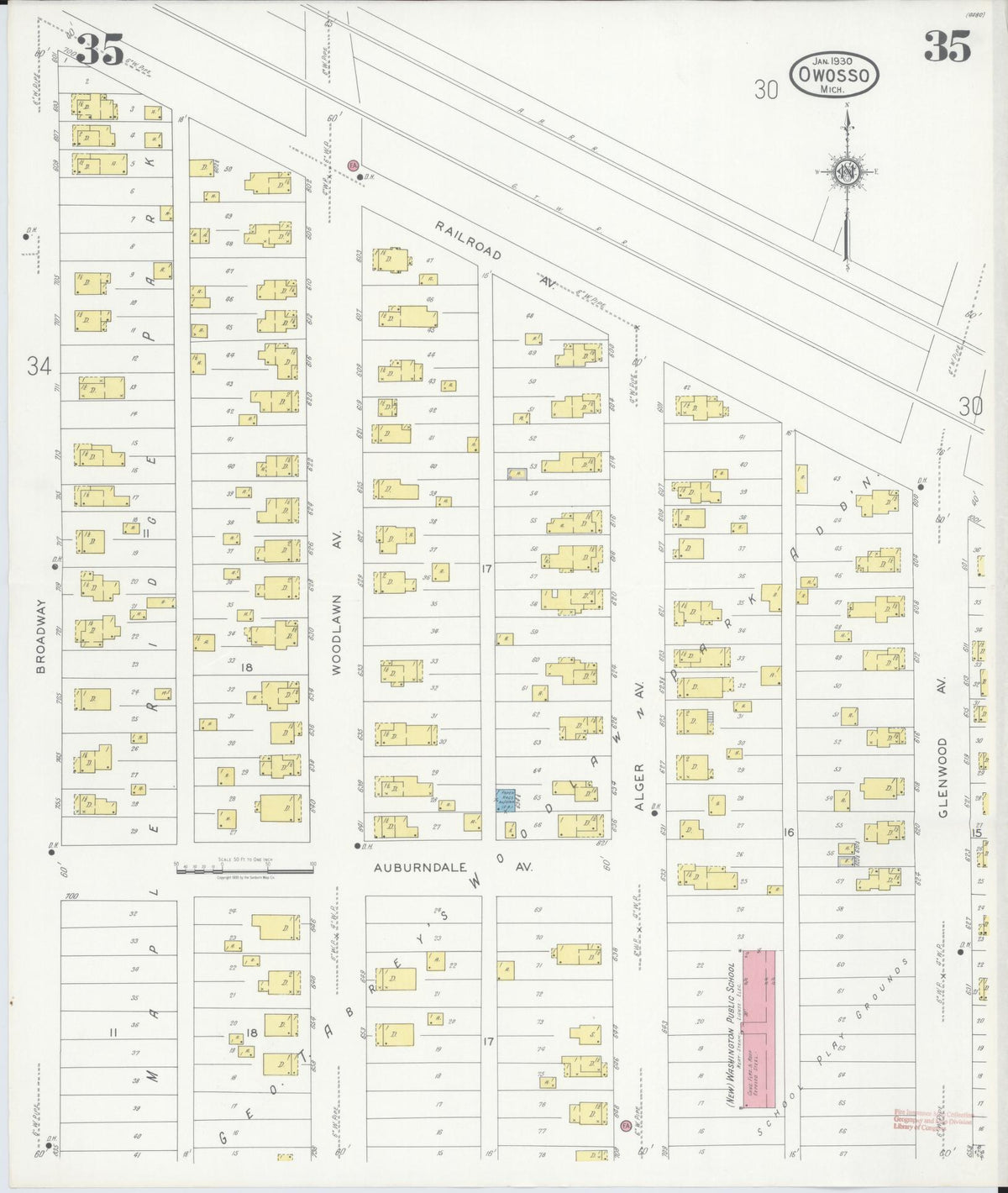 Sanborn Fire Insurance Map from Owosso, Shiawassee County, Michigan (1930), Sheet #0035 - Historic Sanborn Fire Insurance Map Print, vintage old map wall art, antique decor, genealogy gift, Michigan Michigan map