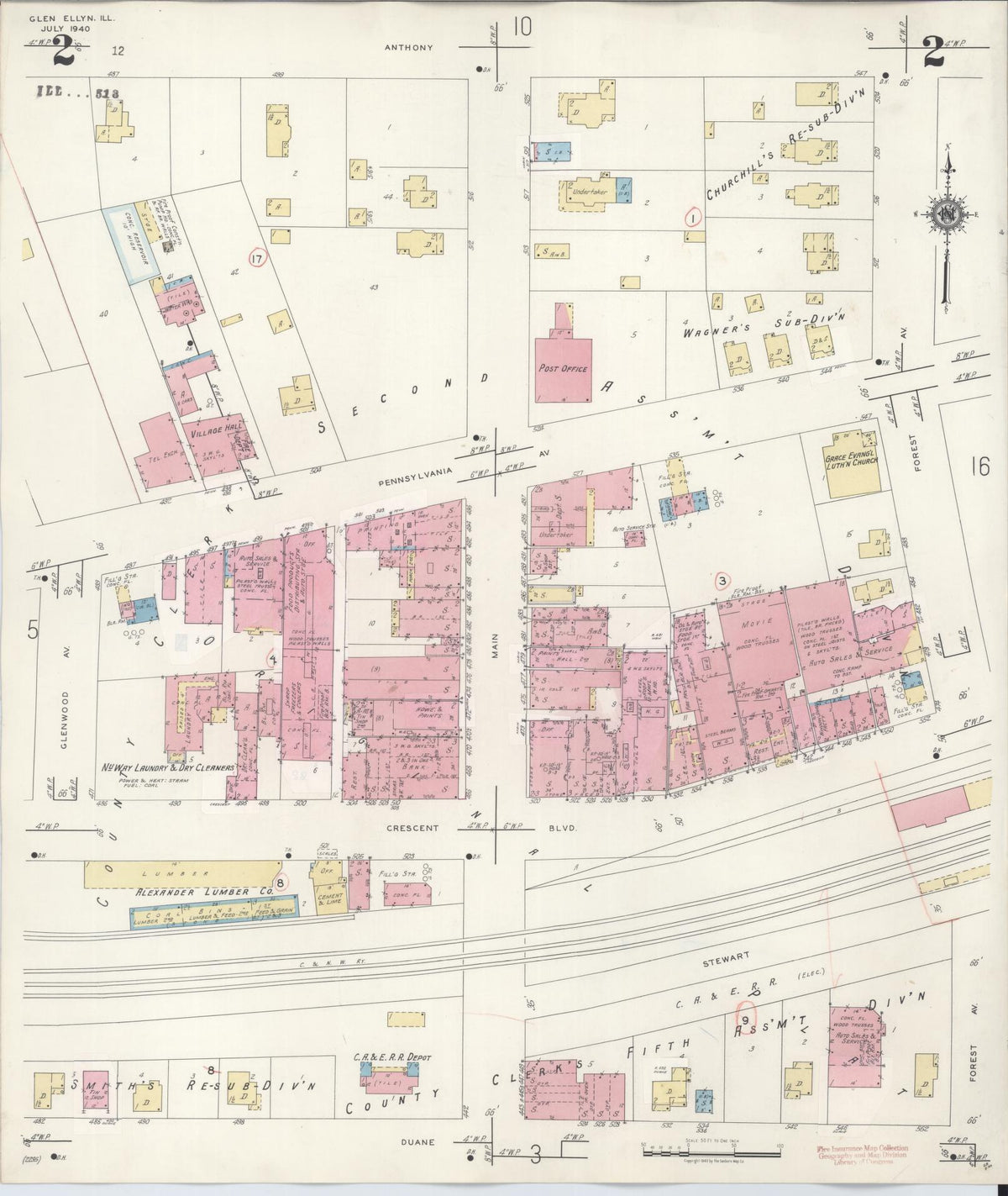 Sanborn Fire Insurance Map from Glen Ellyn, Du Page County, Illinois (1946), Sheet #0002 - Complete Map Set gallery image, historic Sanborn map, vintage wall art, Illinois Illinois
