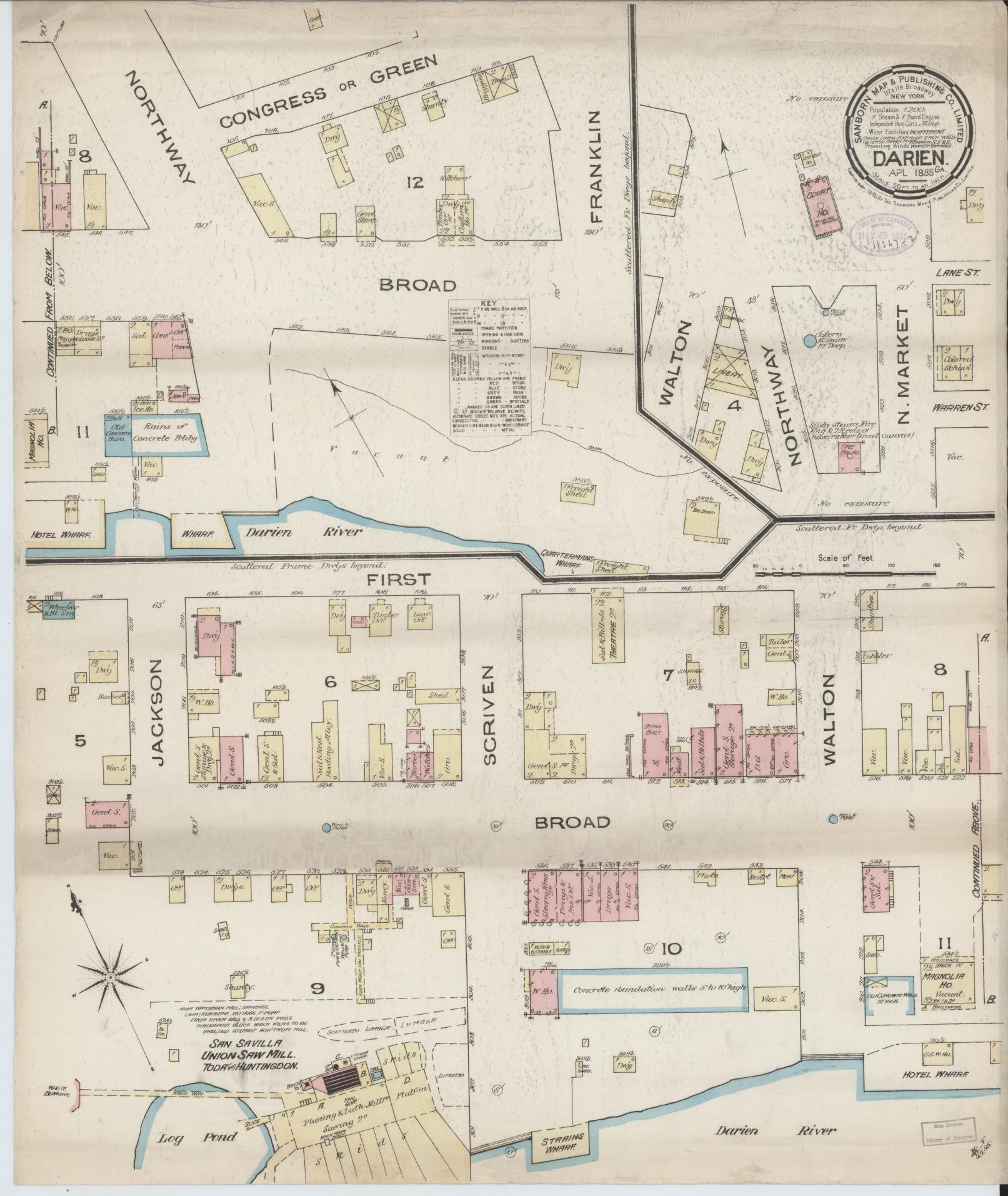 Sanborn Fire Insurance Map from Darien, Mcintosh County, Georgia (1885), Sheet #0001 - Historic Sanborn Fire Insurance Map Print, vintage old map wall art, antique decor, genealogy gift, Georgia Georgia map