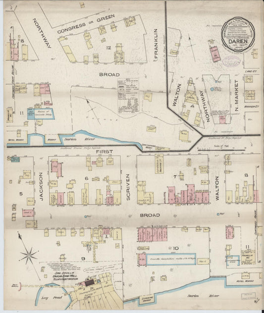 Sanborn Fire Insurance Map from Darien, Mcintosh County, Georgia (1885), Sheet #0001 - Historic Sanborn Fire Insurance Map Print, vintage old map wall art, antique decor, genealogy gift, Georgia Georgia map