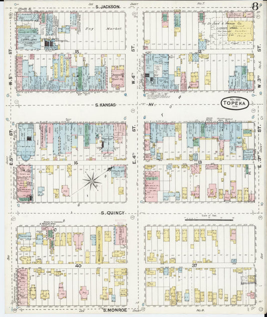 Sanborn Fire Insurance Map from Topeka, Shawnee County, Kansas (1889), Sheet #0009 - Historic Sanborn Fire Insurance Map Print, vintage old map wall art, antique decor, genealogy gift, Kansas Kansas map