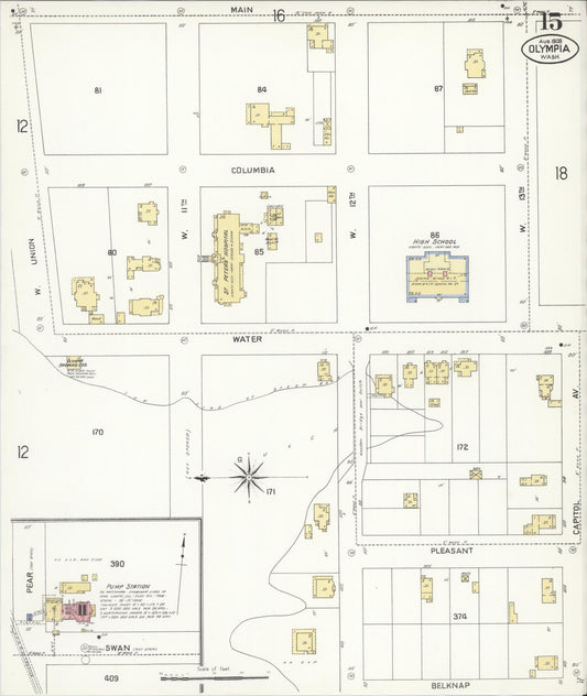 Sanborn Fire Insurance Map from Olympia, Thurston County, Washington (1908), Sheet #0015 - Historic Sanborn Fire Insurance Map Print, vintage old map wall art, antique decor, genealogy gift, Washington Washington map