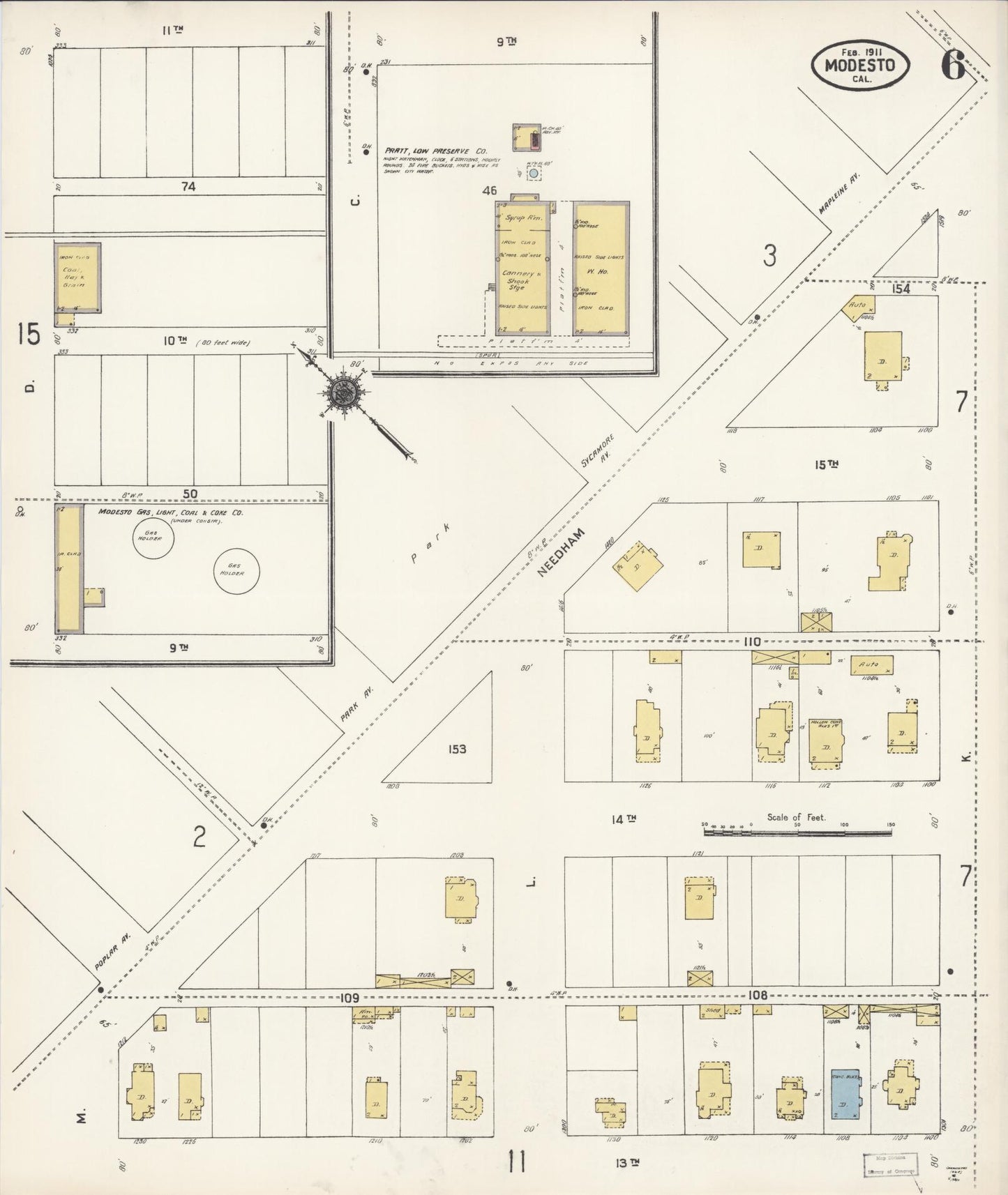 Sanborn Fire Insurance Map from Modesto, Stanislaus County, California (1911), Sheet #0006 - Complete Map Set gallery image, historic Sanborn map, vintage wall art, California California
