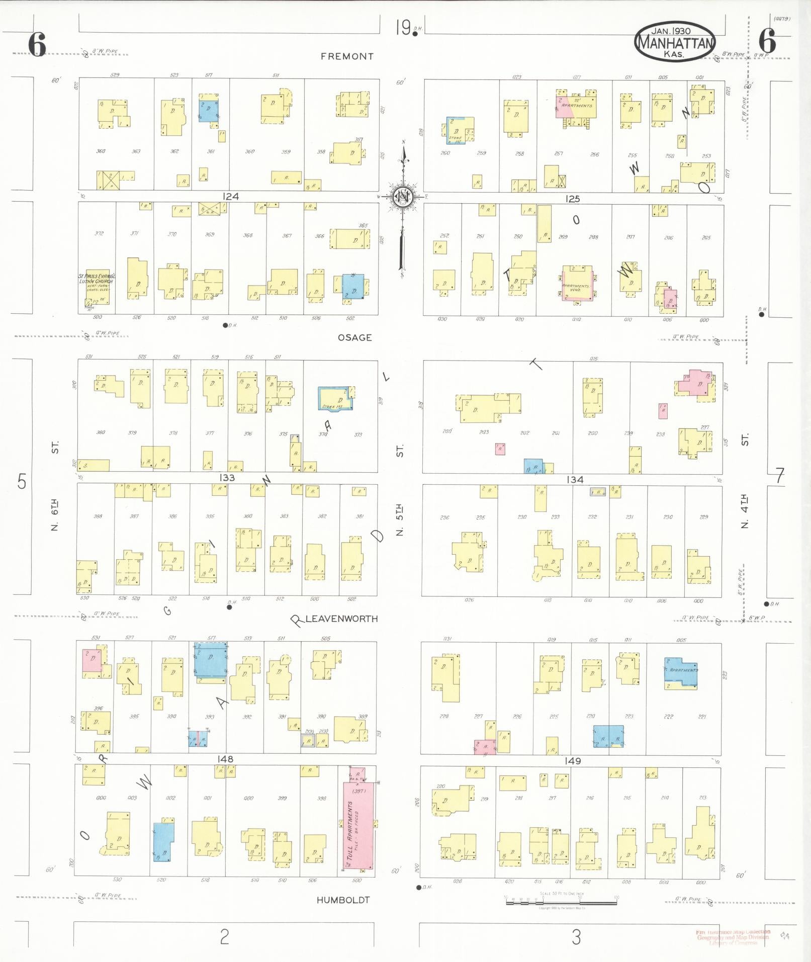Sanborn Fire Insurance Map from Manhattan, Riley County, Kansas (1930), Sheet #0006 - Complete Map Set gallery image, historic Sanborn map, vintage wall art, Kansas Kansas