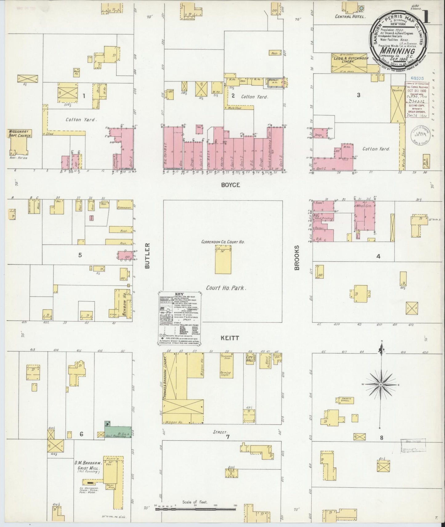Sanborn Fire Insurance Map from Manning, Clarendon County, South Carolina (1900), Sheet #0001 - Historic Sanborn Fire Insurance Map Print, vintage old map wall art, antique decor, genealogy gift, South Carolina South Carolina map