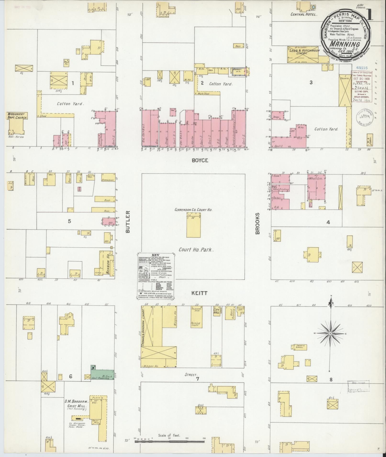 Sanborn Fire Insurance Map from Manning, Clarendon County, South Carolina (1900), Sheet #0001 - Historic Sanborn Fire Insurance Map Print, vintage old map wall art, antique decor, genealogy gift, South Carolina South Carolina map