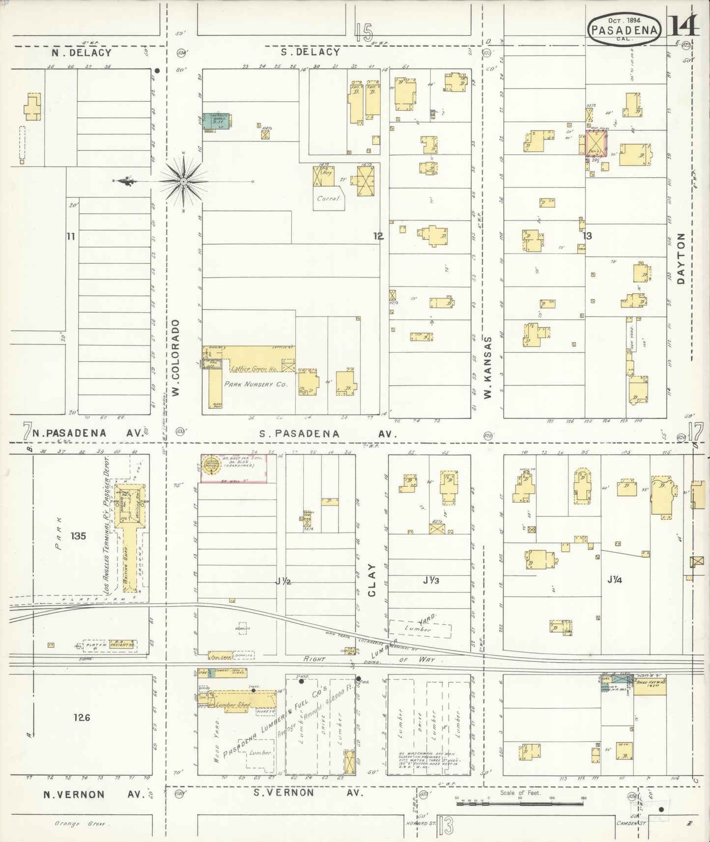 Sanborn Fire Insurance Map from Pasadena, Los Angeles County, California (1894), Sheet #0014 - Complete Map Set gallery image, historic Sanborn map, vintage wall art, California California