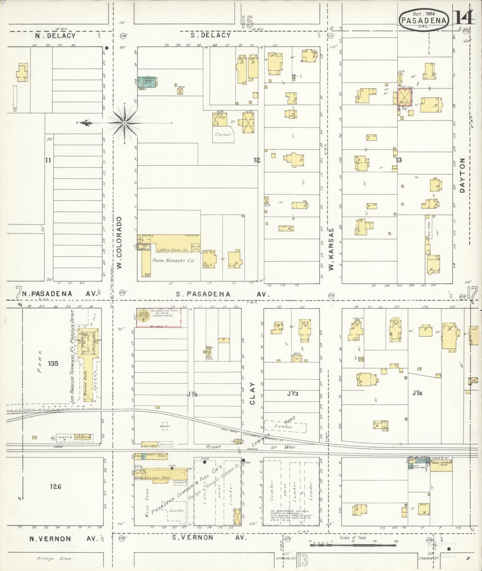 Sanborn Fire Insurance Map from Pasadena, Los Angeles County, California (1894), Sheet #0014 - Complete Map Set gallery image, historic Sanborn map, vintage wall art, California California