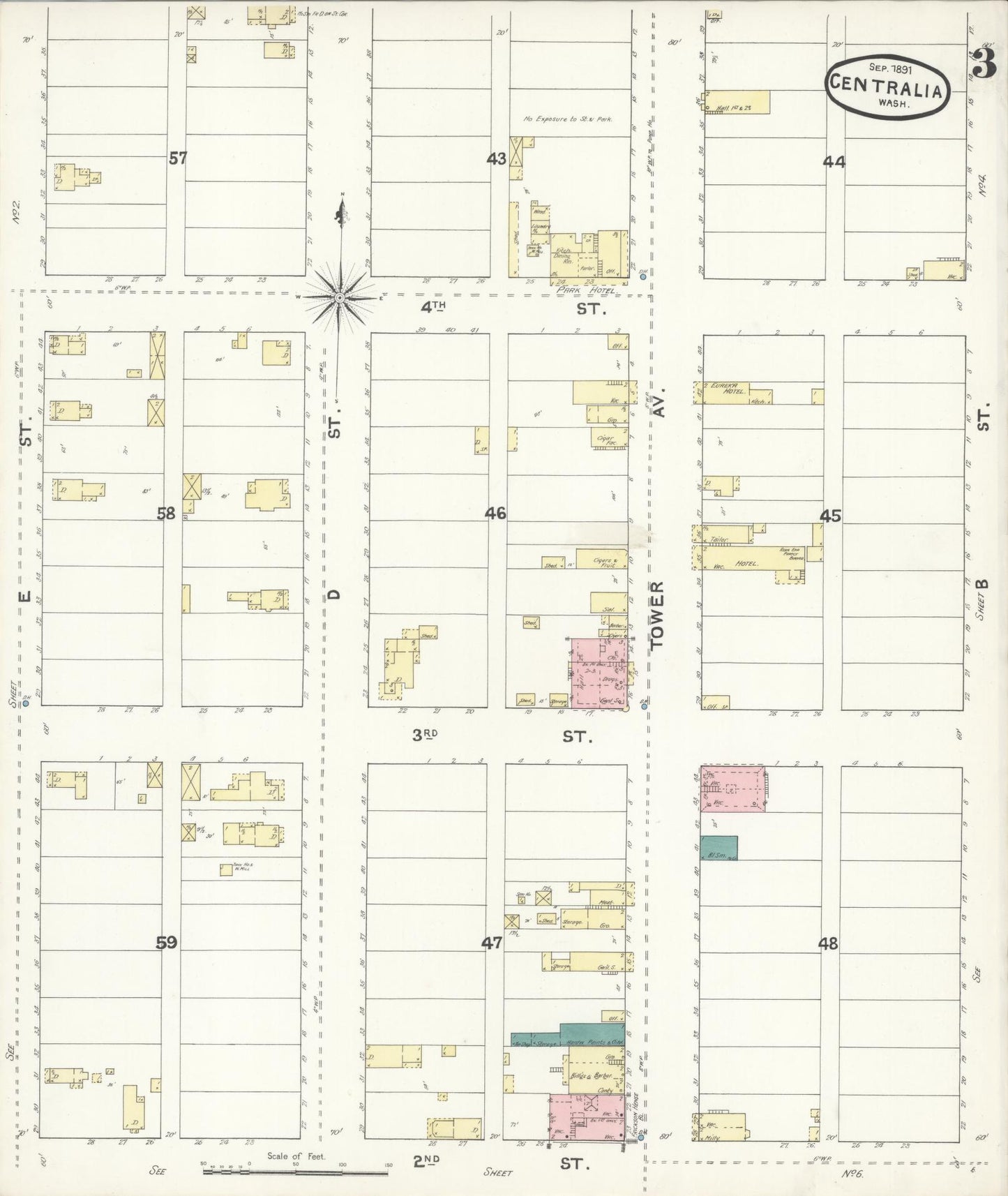 Sanborn Fire Insurance Map from Centralia, Lewis County, Washington (1891), Sheet #0003 - Complete Map Set gallery image, historic Sanborn map, vintage wall art, Washington Washington