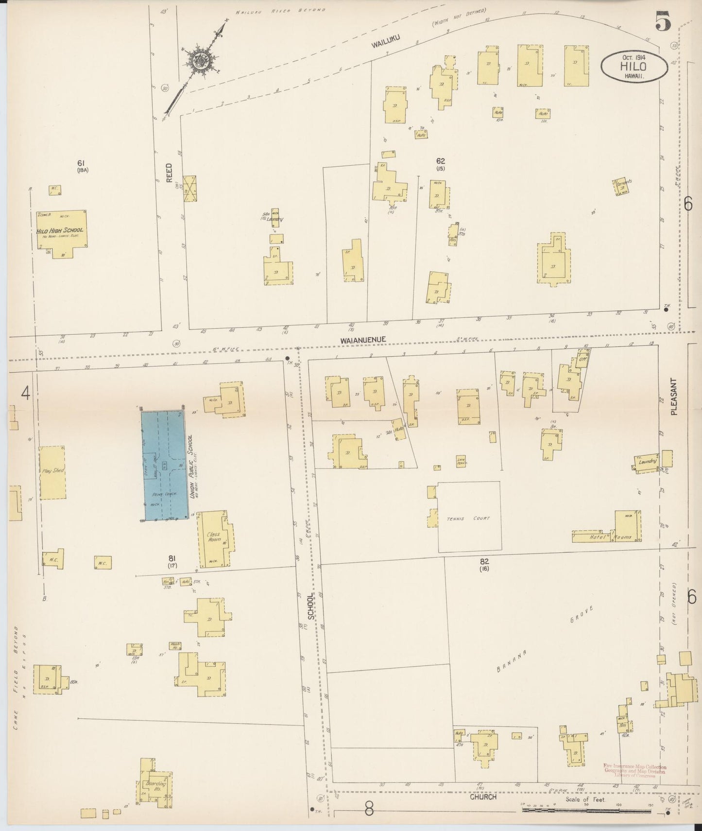 Sanborn Fire Insurance Map from Hilo, Hawaii County, Hawaii (1914), Sheet #0005 - Historic Sanborn Fire Insurance Map Print, vintage old map wall art