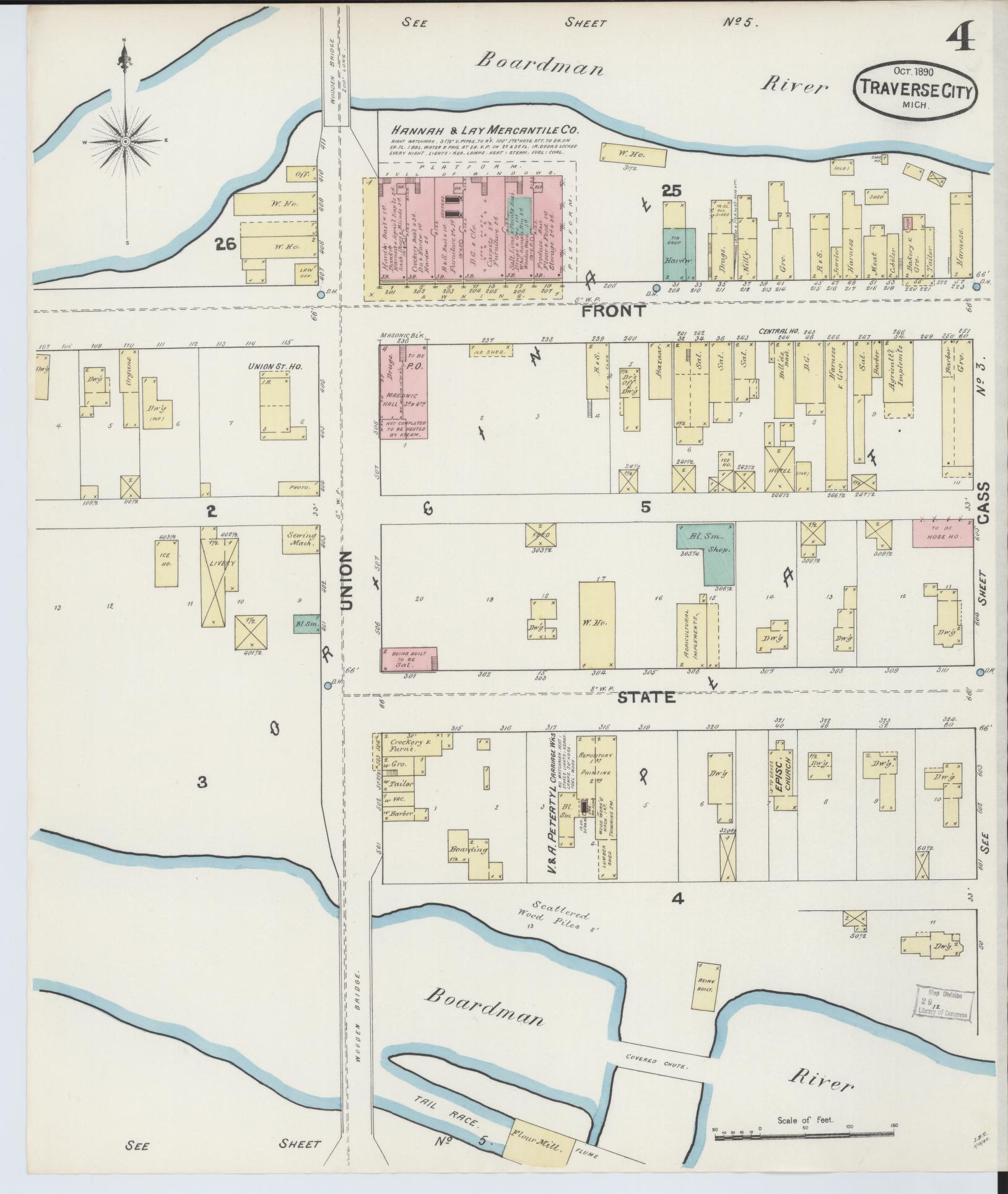 Sanborn Fire Insurance Map from Traverse City, Grand Traverse County, Michigan (1890), Sheet #0004 - Historic Sanborn Fire Insurance Map Print, vintage old map wall art, antique decor, genealogy gift, Michigan Michigan map