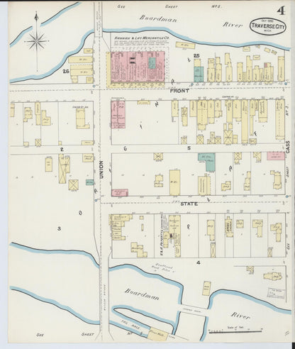 Sanborn Fire Insurance Map from Traverse City, Grand Traverse County, Michigan (1890), Sheet #0004 - Historic Sanborn Fire Insurance Map Print, vintage old map wall art, antique decor, genealogy gift, Michigan Michigan map