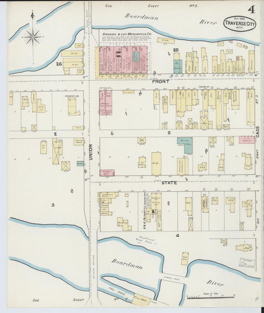 Sanborn Fire Insurance Map from Traverse City, Grand Traverse County, Michigan (1890), Sheet #0004 - Historic Sanborn Fire Insurance Map Print, vintage old map wall art, antique decor, genealogy gift, Michigan Michigan map