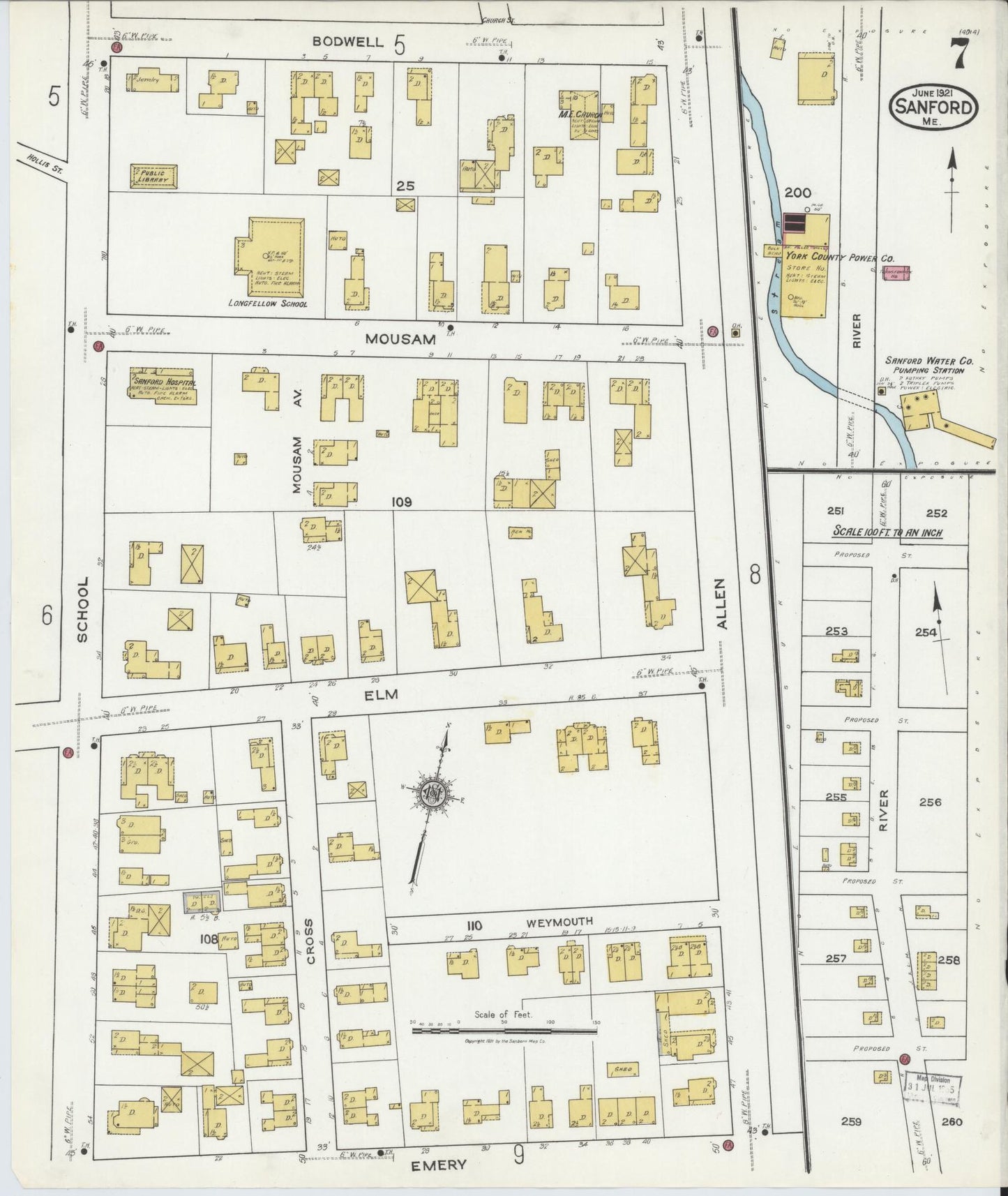 Sanborn Fire Insurance Map from Sanford, York County, Maine (1921), Sheet #0007 - Complete Map Set gallery image, historic Sanborn map, vintage wall art, Maine Maine