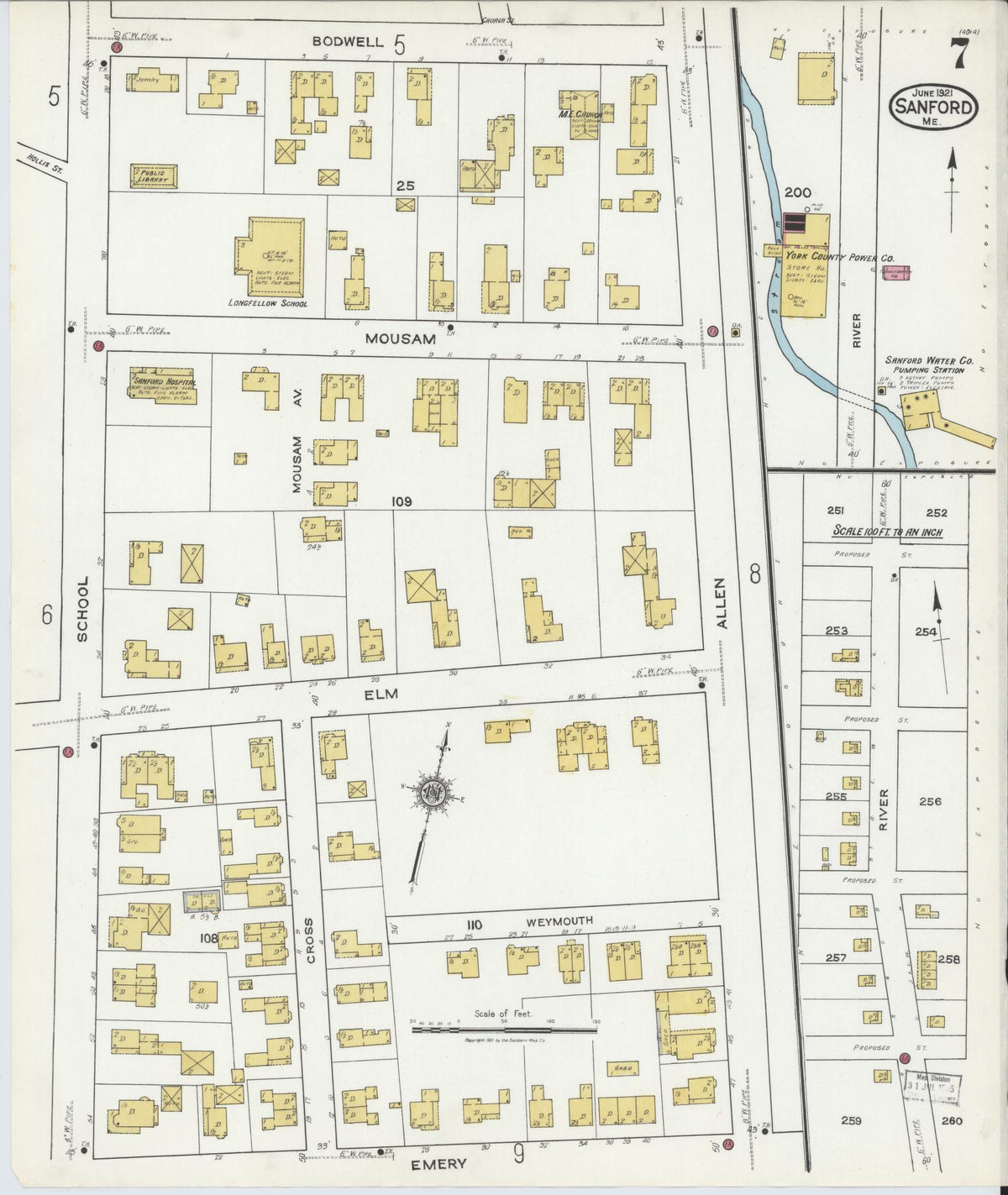 Sanborn Fire Insurance Map from Sanford, York County, Maine (1921), Sheet #0007 - Complete Map Set gallery image, historic Sanborn map, vintage wall art, Maine Maine