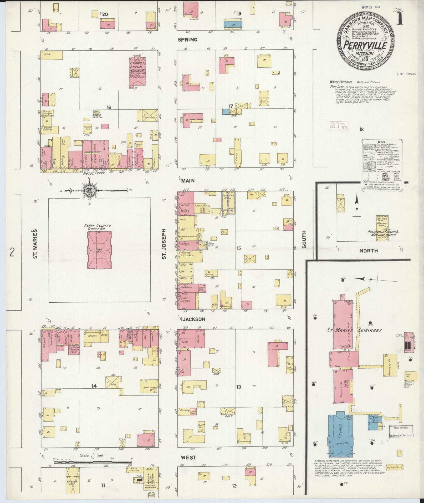 Sanborn Fire Insurance Map from Perryville, Perry County, Missouri (1911), Sheet #0001 - Historic Sanborn Fire Insurance Map Print, vintage old map wall art, antique decor, genealogy gift, Missouri Missouri map