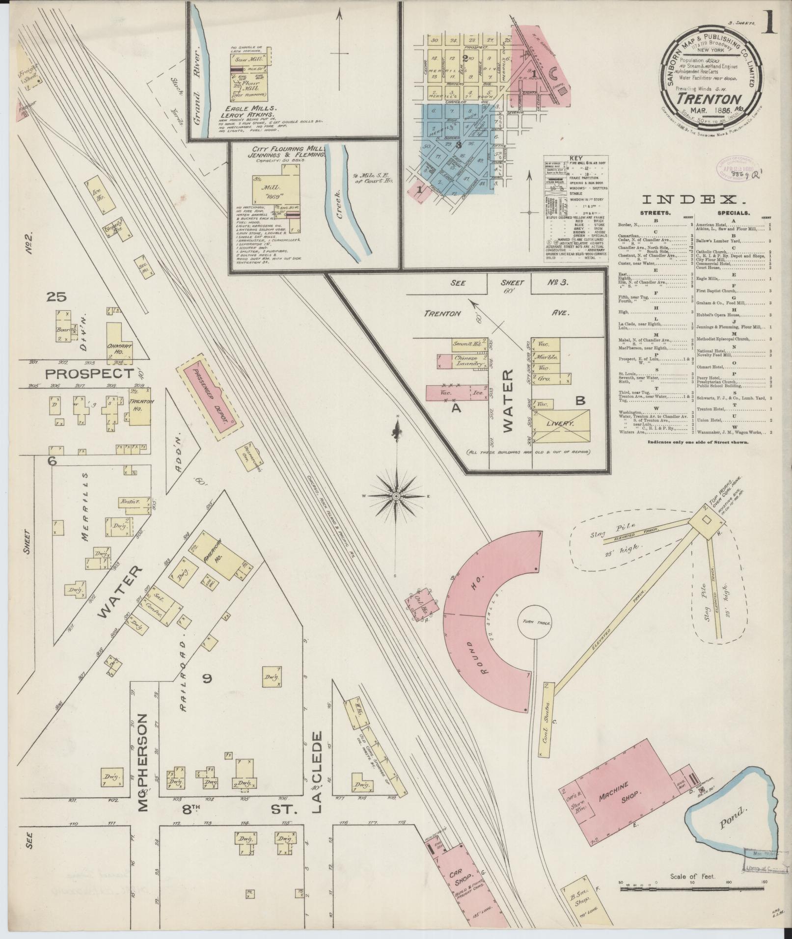 Sanborn Fire Insurance Map from Trenton, Grundy County, Missouri (1886), Sheet #0001 - Historic Sanborn Fire Insurance Map Print, vintage old map wall art, antique decor, genealogy gift, Missouri Missouri map