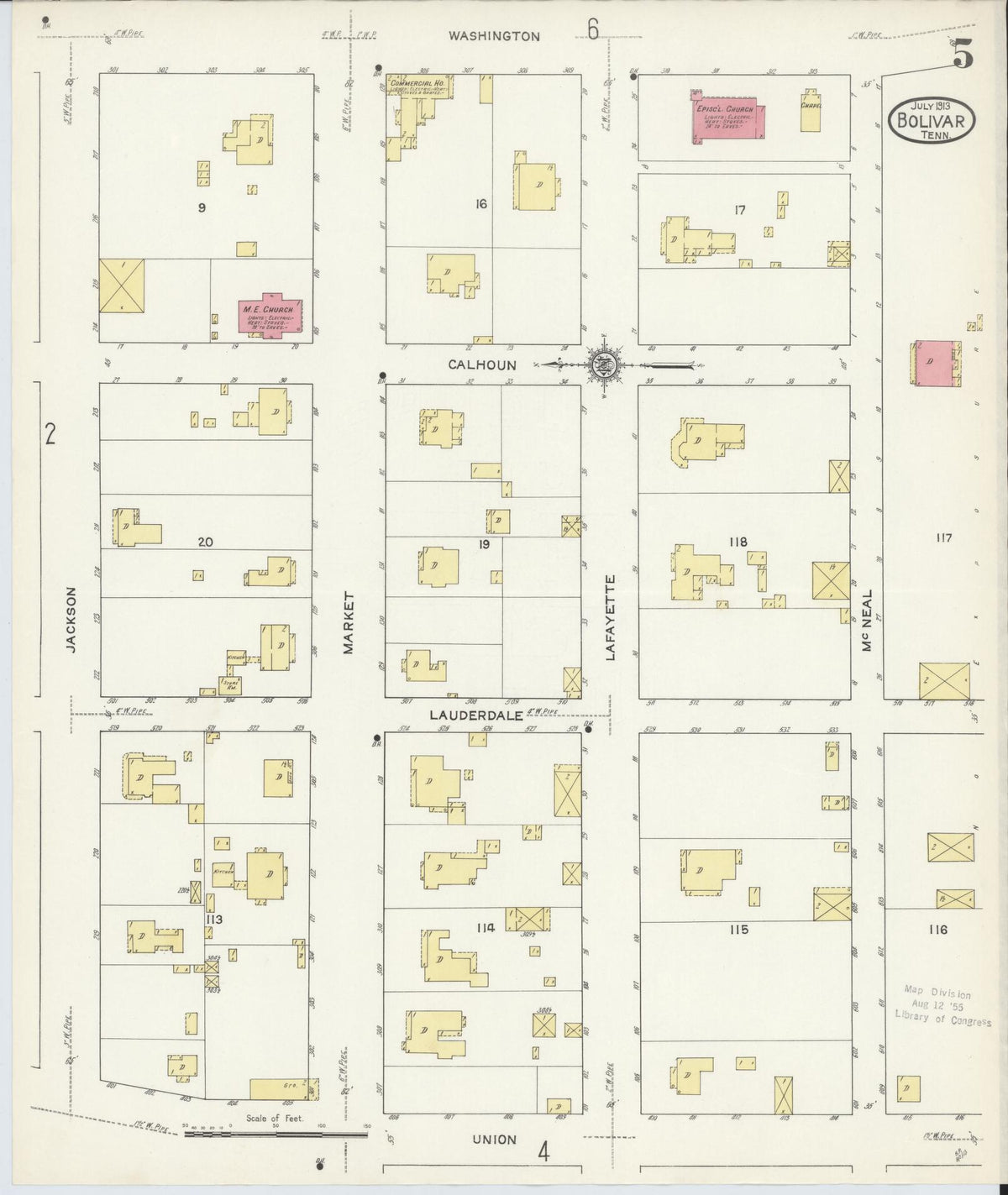 Sanborn Fire Insurance Map from Bolivar, Hardeman County, Tennessee (1913), Sheet #0005 - Complete Map Set gallery image, historic Sanborn map, vintage wall art, Tennessee Tennessee