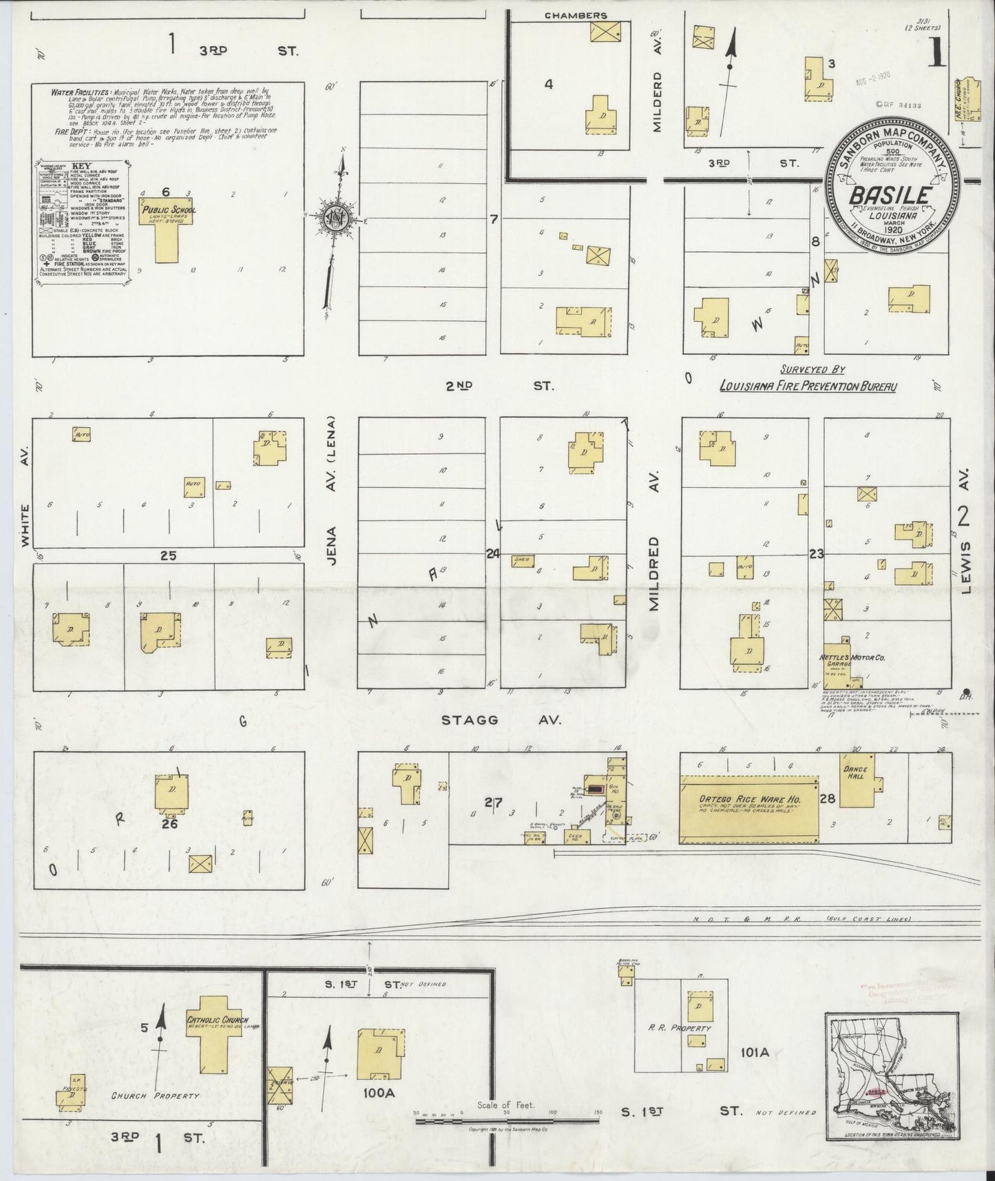 Sanborn Fire Insurance Map from Basile, Evangeline Parish, Louisiana (1920), Sheet #0001 - Complete Map Set gallery image, historic Sanborn map, vintage wall art, Louisiana Louisiana