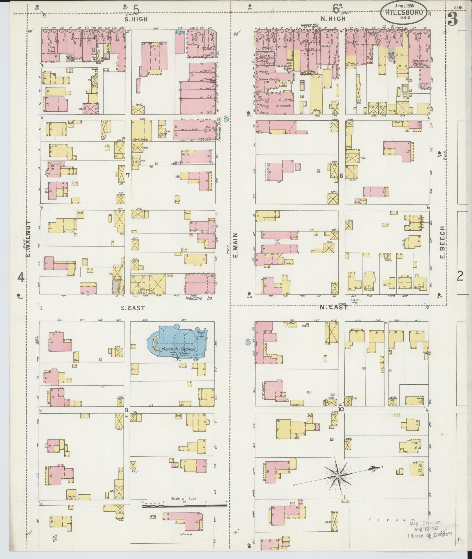 Sanborn Fire Insurance Map from Hillsboro, Highland County, Ohio (1898), Sheet #0003 - Complete Map Set gallery image, historic Sanborn map, vintage wall art, Ohio Ohio