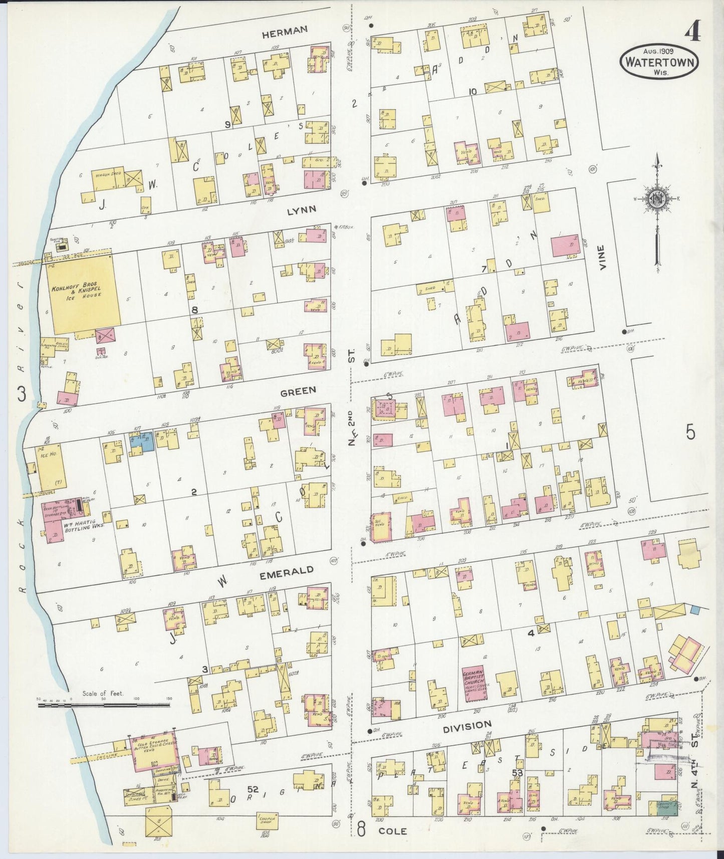 Sanborn Fire Insurance Map from Watertown, Jefferson County, Wisconsin (1909), Sheet #0004 - Complete Map Set gallery image, historic Sanborn map, vintage wall art, Wisconsin Wisconsin