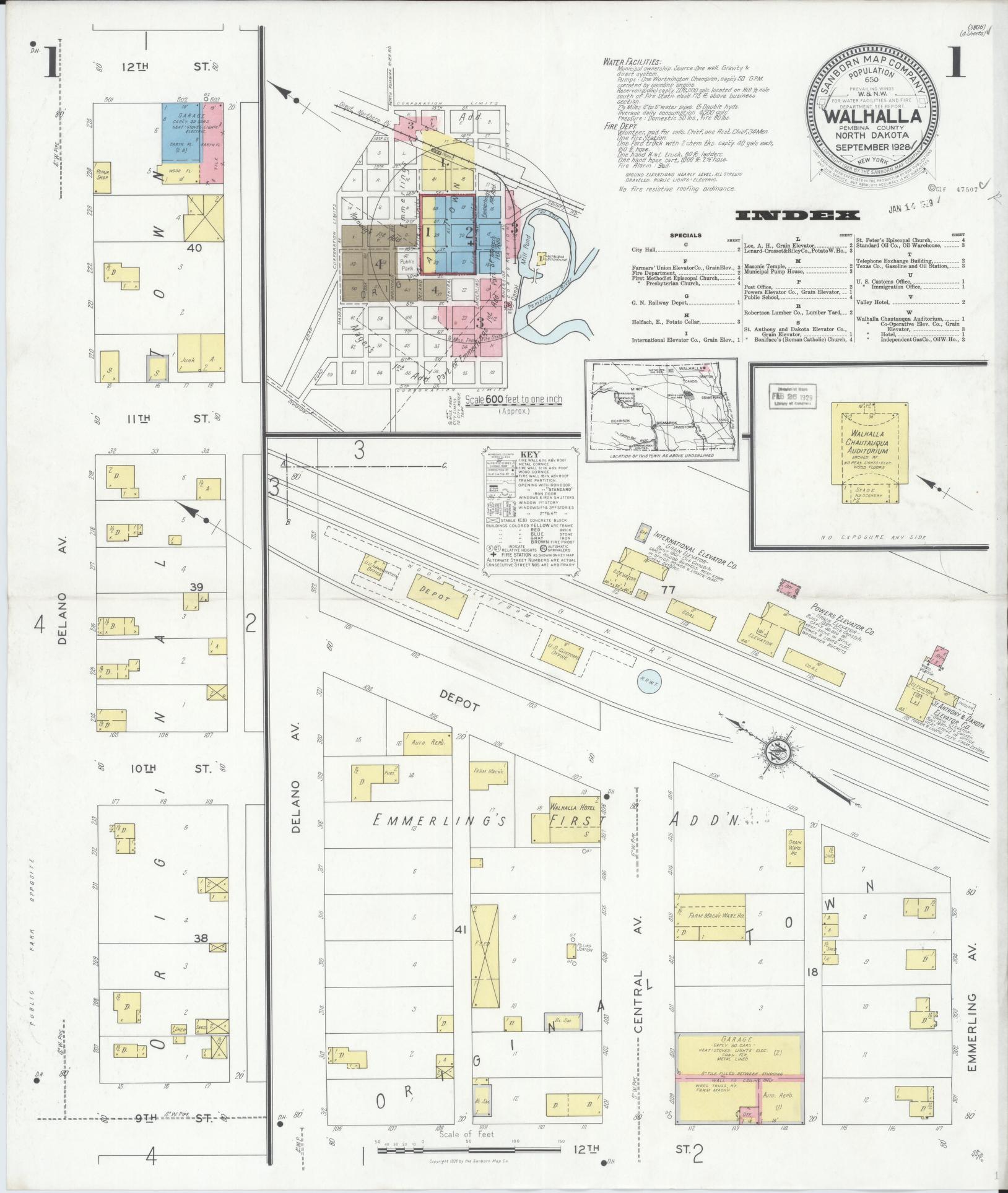 Sanborn Fire Insurance Map from Walhalla, Pembina County, North Dakota (1928), Sheet #0001 - Historic Sanborn Fire Insurance Map Print, vintage old map wall art, antique decor, genealogy gift, North Dakota North Dakota map