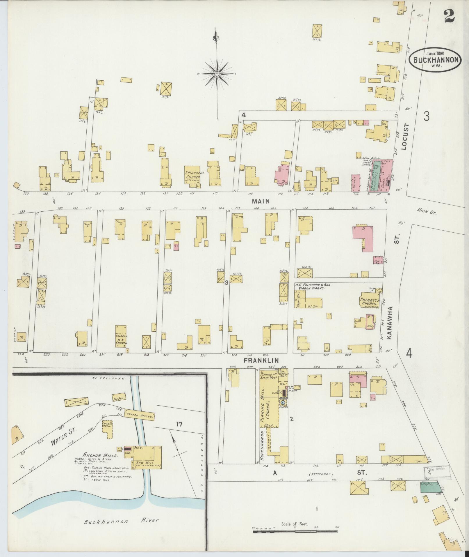 Sanborn Fire Insurance Map from Buckhannon, Upshur County, West Virginia (1898), Sheet #0002 - Historic Sanborn Fire Insurance Map Print, vintage old map wall art, antique decor, genealogy gift, West Virginia West Virginia map