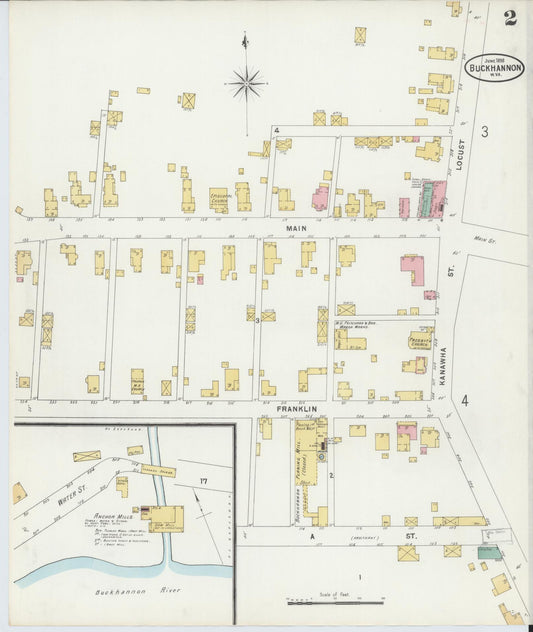 Sanborn Fire Insurance Map from Buckhannon, Upshur County, West Virginia (1898), Sheet #0002 - Historic Sanborn Fire Insurance Map Print, vintage old map wall art, antique decor, genealogy gift, West Virginia West Virginia map