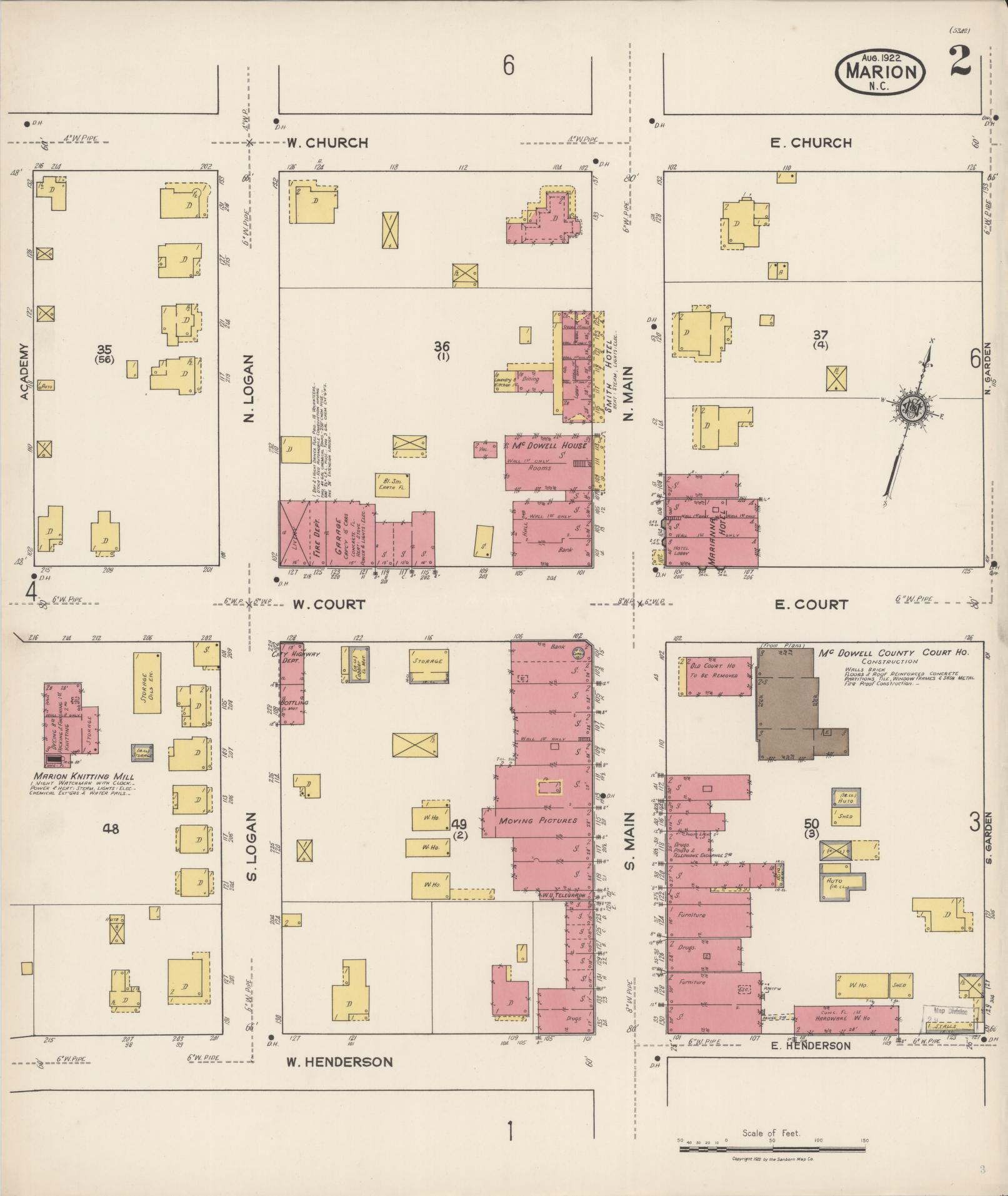 Sanborn Fire Insurance Map from Marion, Mcdowell County, North Carolina (1922), Sheet #0002 - Complete Map Set gallery image, historic Sanborn map, vintage wall art, North Carolina North Carolina