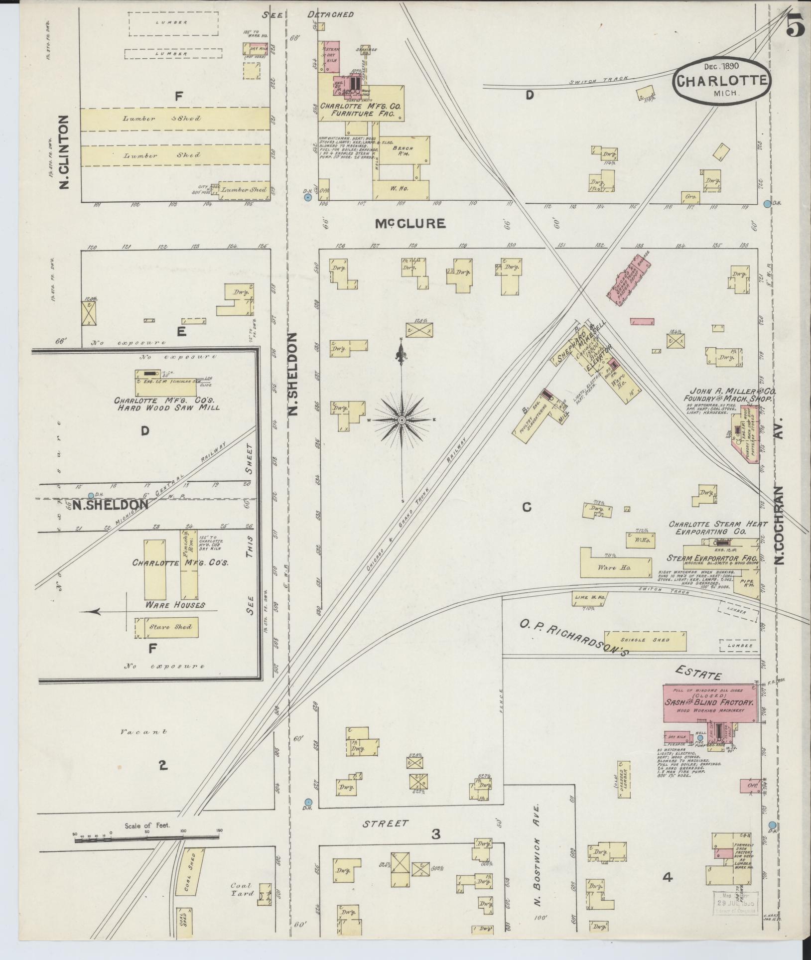 Sanborn Fire Insurance Map from Charlotte, Eaton County, Michigan (1890), Sheet #0005 - Historic Sanborn Fire Insurance Map Print, vintage old map wall art, antique decor, genealogy gift, Michigan Michigan map