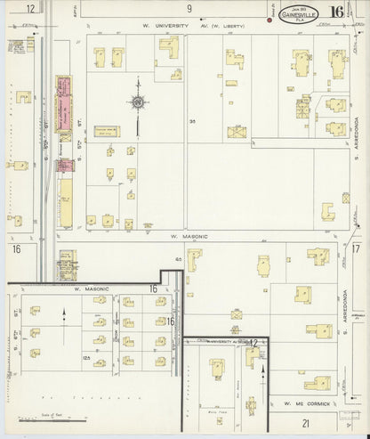 Sanborn Fire Insurance Map from Gainesville, Alachua County, Florida (1913), Sheet #0016 - Complete Map Set gallery image, historic Sanborn map, vintage wall art, Florida Florida