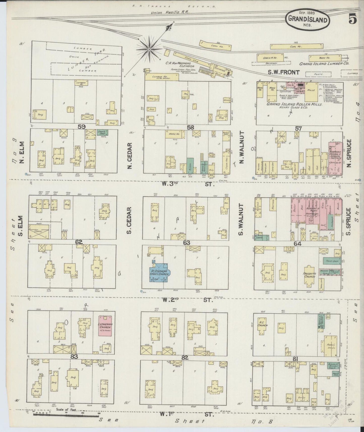 Sanborn Fire Insurance Map from Grand Island, Hall County, Nebraska (1889), Sheet #0005 - Complete Map Set gallery image, historic Sanborn map, vintage wall art, Nebraska Nebraska