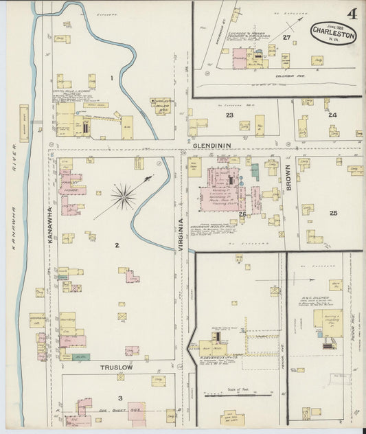 Sanborn Fire Insurance Map from Charleston, Kanawha County, West Virginia (1888), Sheet #0004 - Historic Sanborn Fire Insurance Map Print, vintage old map wall art, antique decor, genealogy gift, West Virginia West Virginia map
