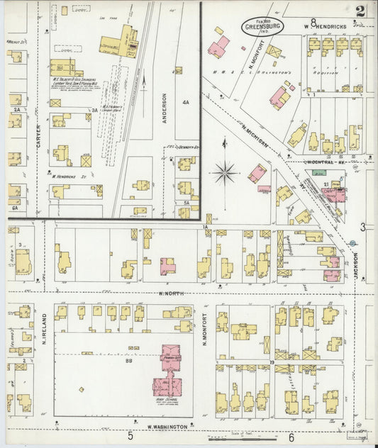 Sanborn Fire Insurance Map from Greensburg, Decatur County, Indiana (1899), Sheet #0002 - Historic Sanborn Fire Insurance Map Print, vintage old map wall art, antique decor, genealogy gift, Indiana Indiana map