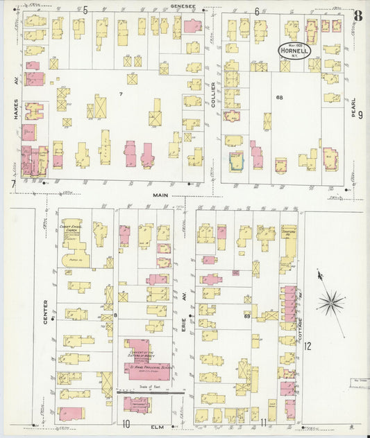 Sanborn Fire Insurance Map from Hornell, Steuben County, New York (1909), Sheet #0008 - Historic Sanborn Fire Insurance Map Print, vintage old map wall art, antique decor, genealogy gift, New York New York map