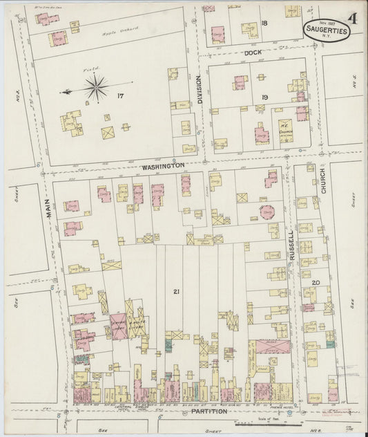 Sanborn Fire Insurance Map from Saugerties, Ulster County, New York (1887), Sheet #0004 - Historic Sanborn Fire Insurance Map Print, vintage old map wall art, antique decor, genealogy gift, New York New York map