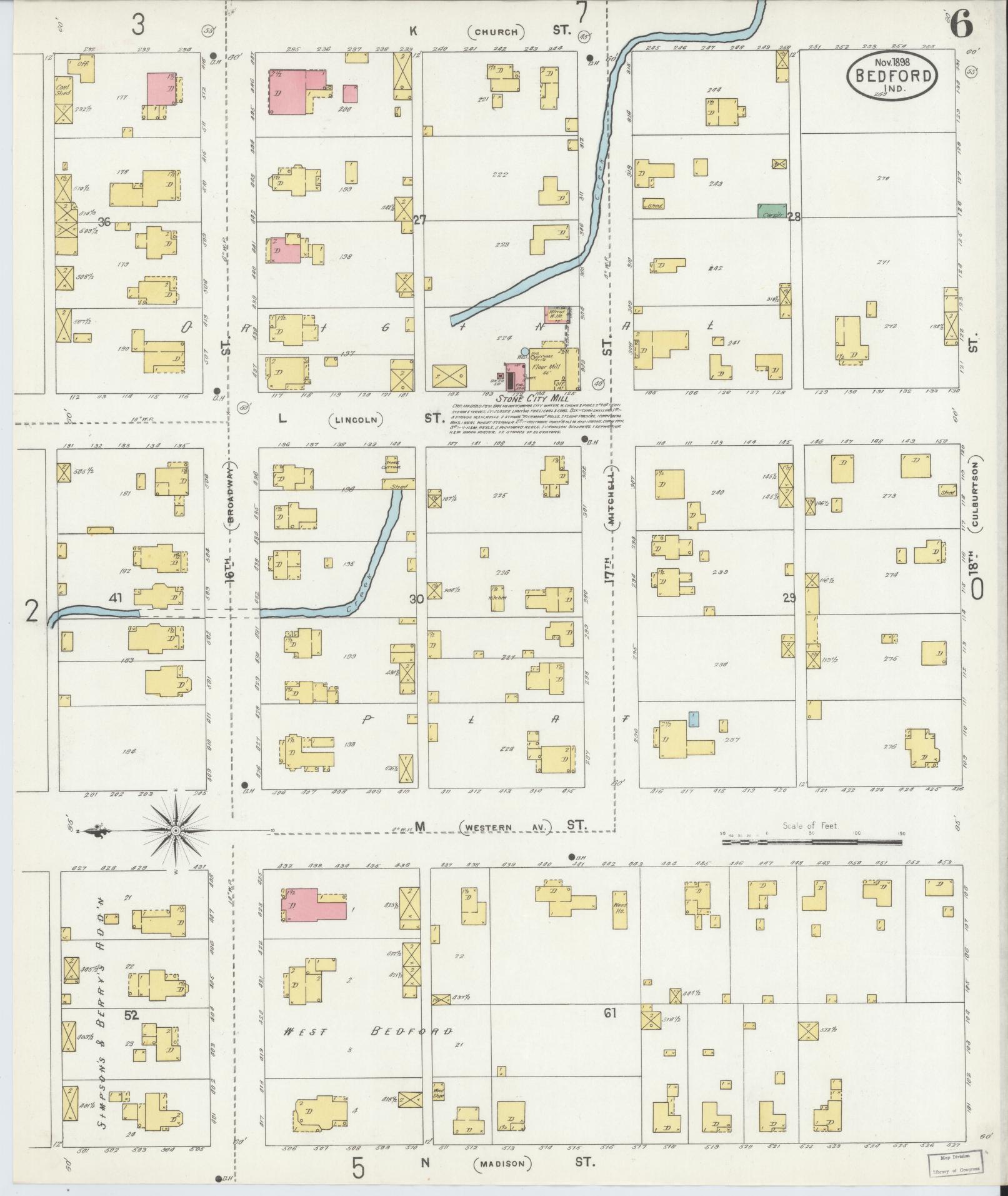 Sanborn Fire Insurance Map from Bedford, Lawrence County, Indiana (1898), Sheet #0006 - Historic Sanborn Fire Insurance Map Print, vintage old map wall art, antique decor, genealogy gift, Indiana Indiana map