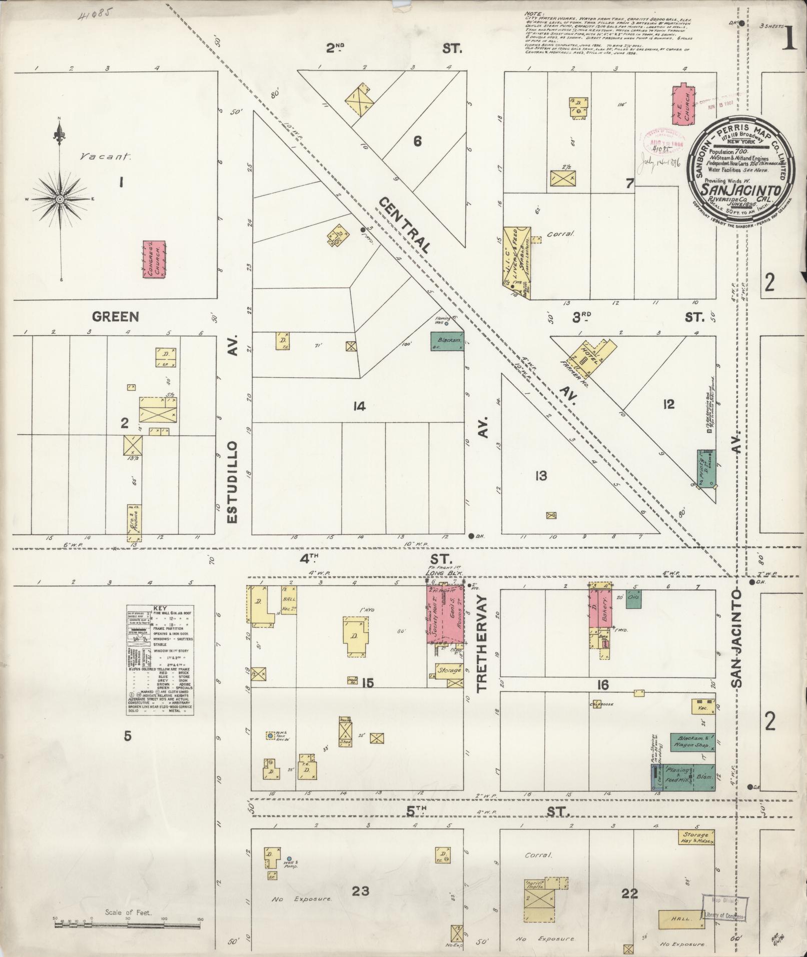 Sanborn Fire Insurance Map from San Jacinto, Riverside County, California (1896), Sheet #0001 - Complete Map Set gallery image, historic Sanborn map, vintage wall art, California California