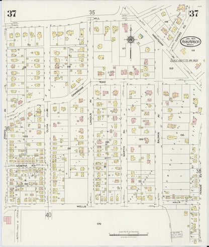 Sanborn Fire Insurance Map from Ann Arbor, Washtenaw County, Michigan (1925), Sheet #0037 - Historic Sanborn Fire Insurance Map Print, vintage old map wall art, antique decor, genealogy gift, Michigan Michigan map