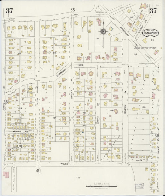 Sanborn Fire Insurance Map from Ann Arbor, Washtenaw County, Michigan (1925), Sheet #0037 - Historic Sanborn Fire Insurance Map Print, vintage old map wall art, antique decor, genealogy gift, Michigan Michigan map